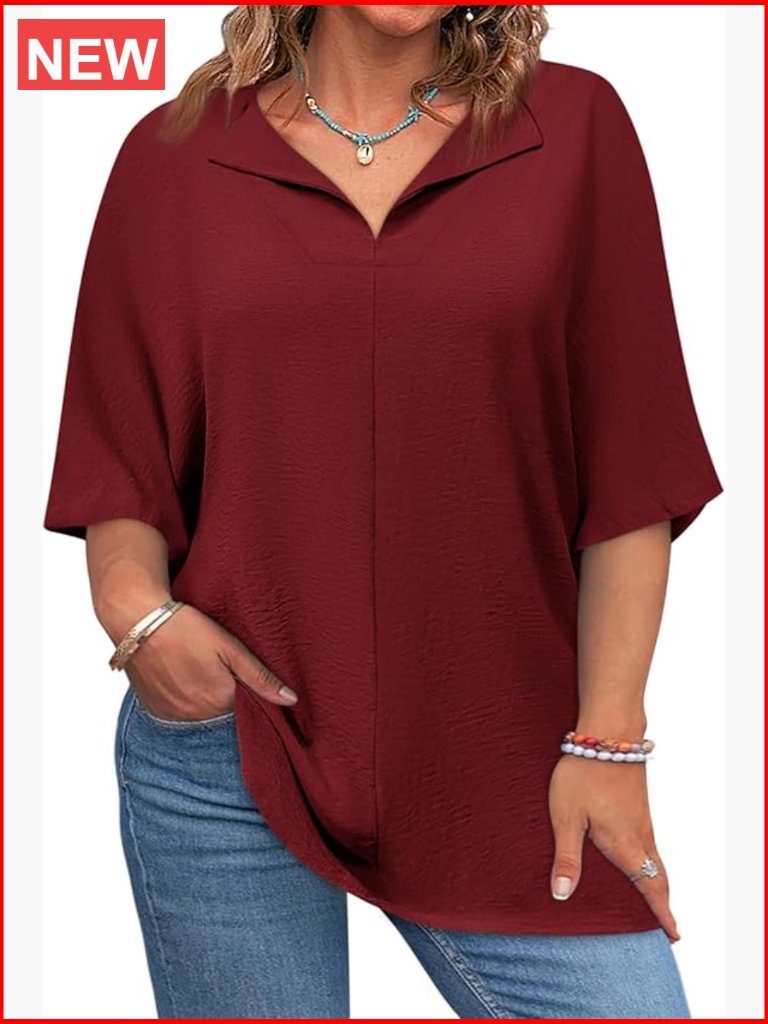Plus Size Short Sleeve V Neck Tunic Blouse Loose Fit Casual Top